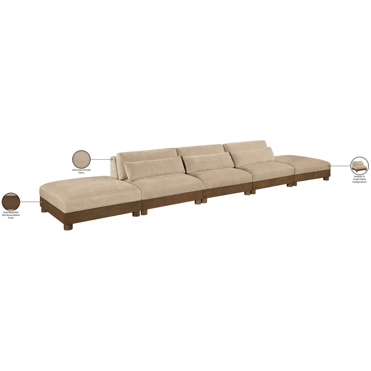 Turin 200in Beige Chenille Fabric Upholstered 5 Piece Modular Sofa