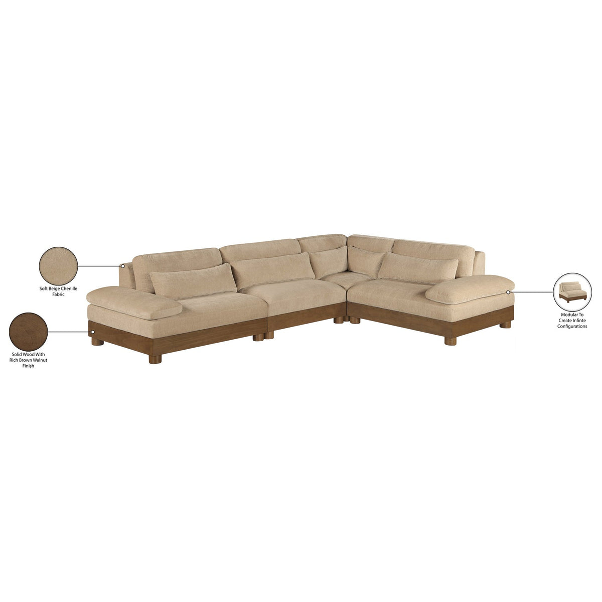 Turin 127.75in Beige Chenille Fabric Upholstered 4 Piece Modular Sectional Sofa