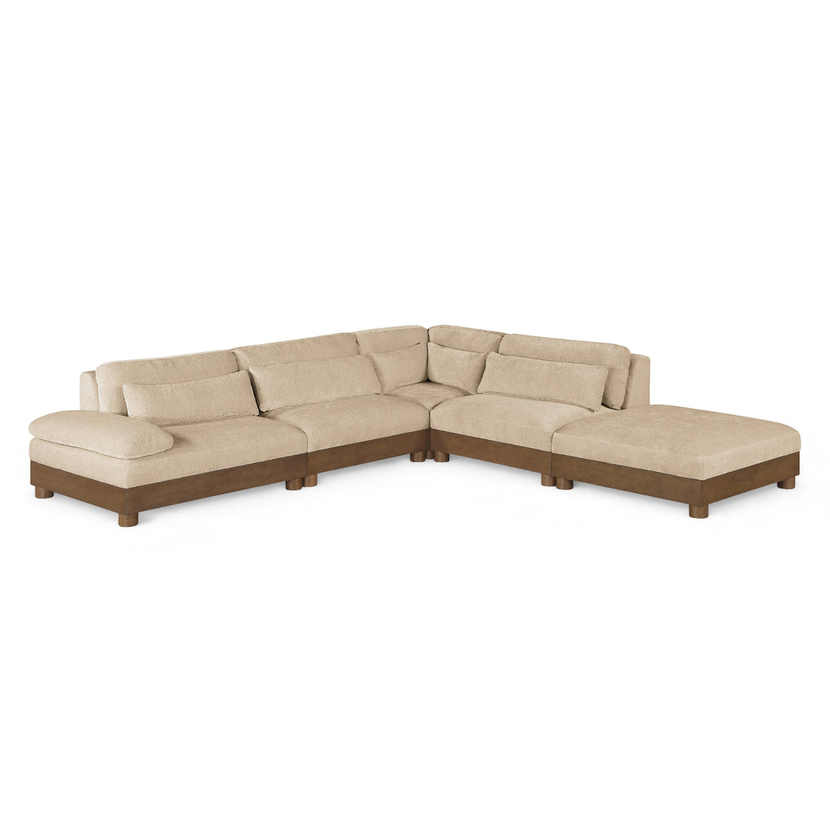Turin 120" Beige Chenille Fabric Upholstered 5pc. Modular Sectional in beige chenille, brown walnut, front product view