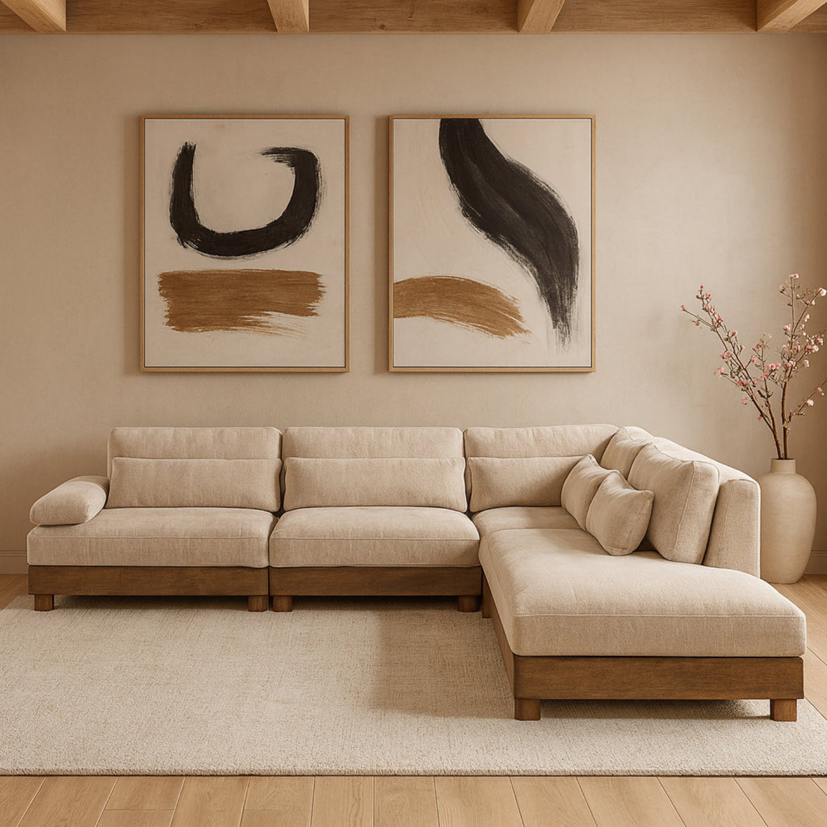 Turin 120in Beige Chenille Fabric Upholstered 5 Piece Modular Sectional Sofa