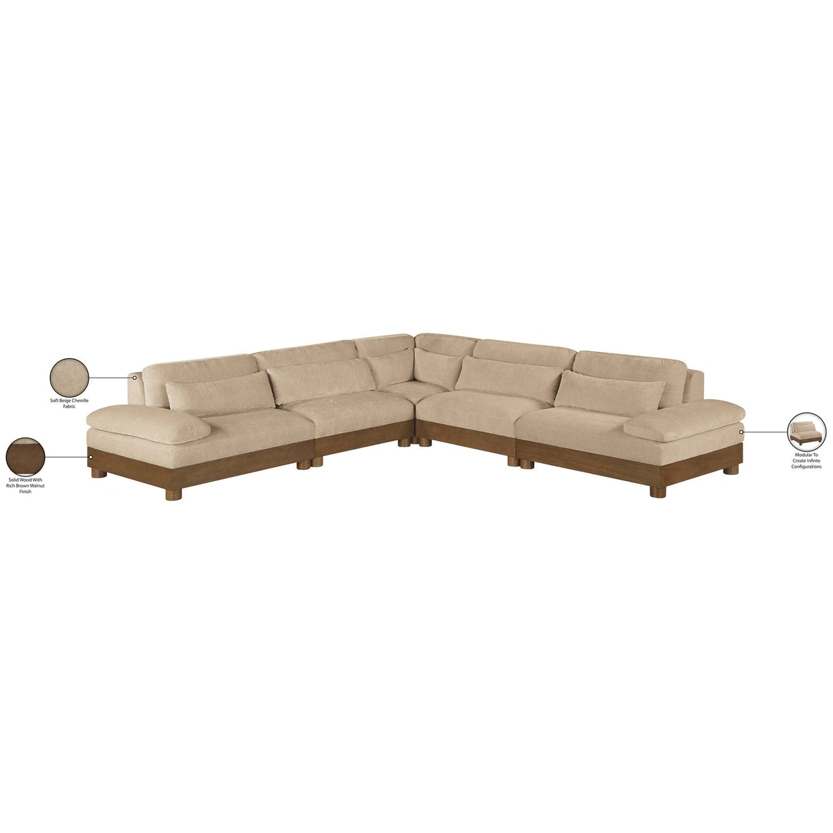 Turin 127.75in Beige Chenille Fabric Upholstered 5 Piece Modular Sectional Sofa