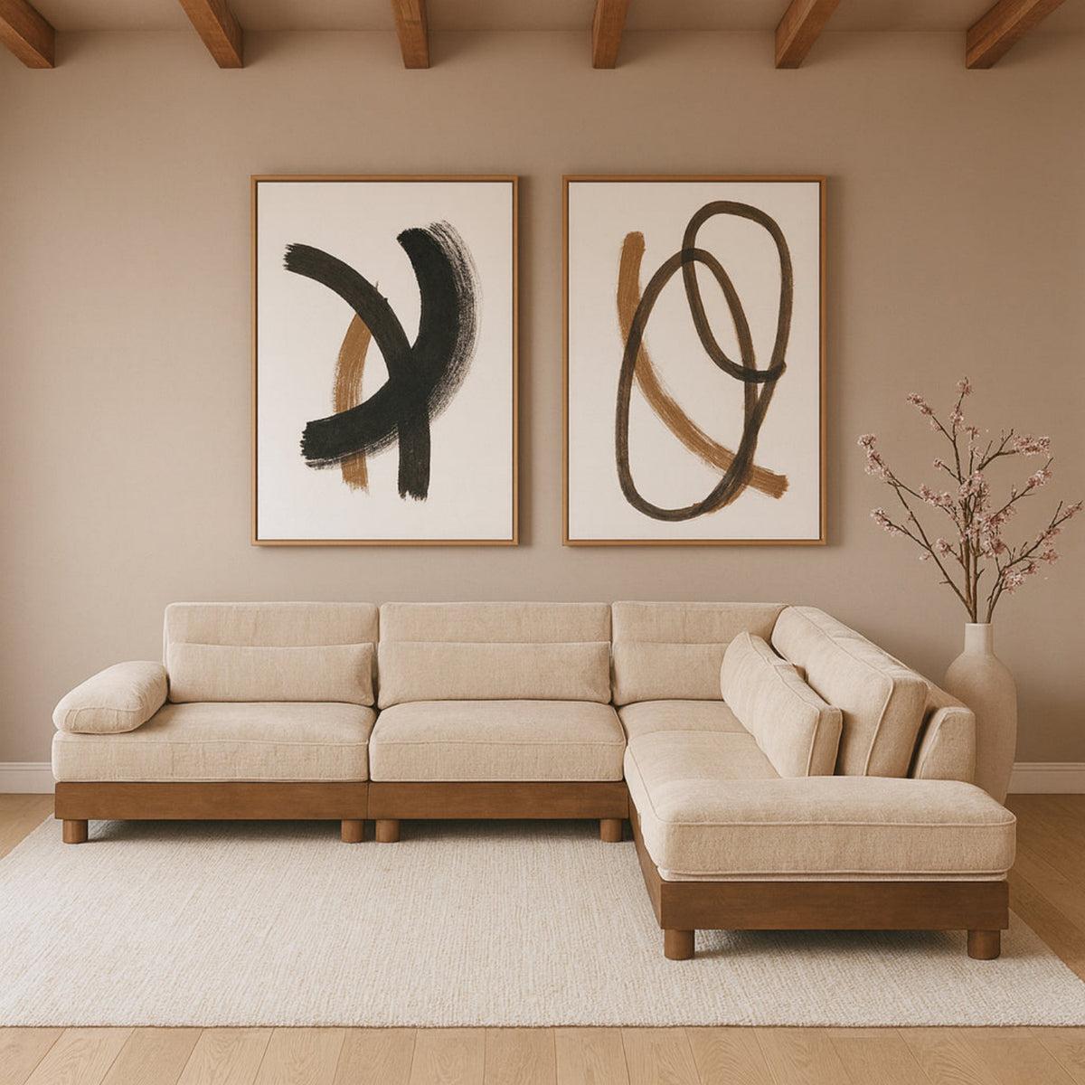 Turin 127.75in Beige Chenille Fabric Upholstered 5 Piece Modular Sectional Sofa