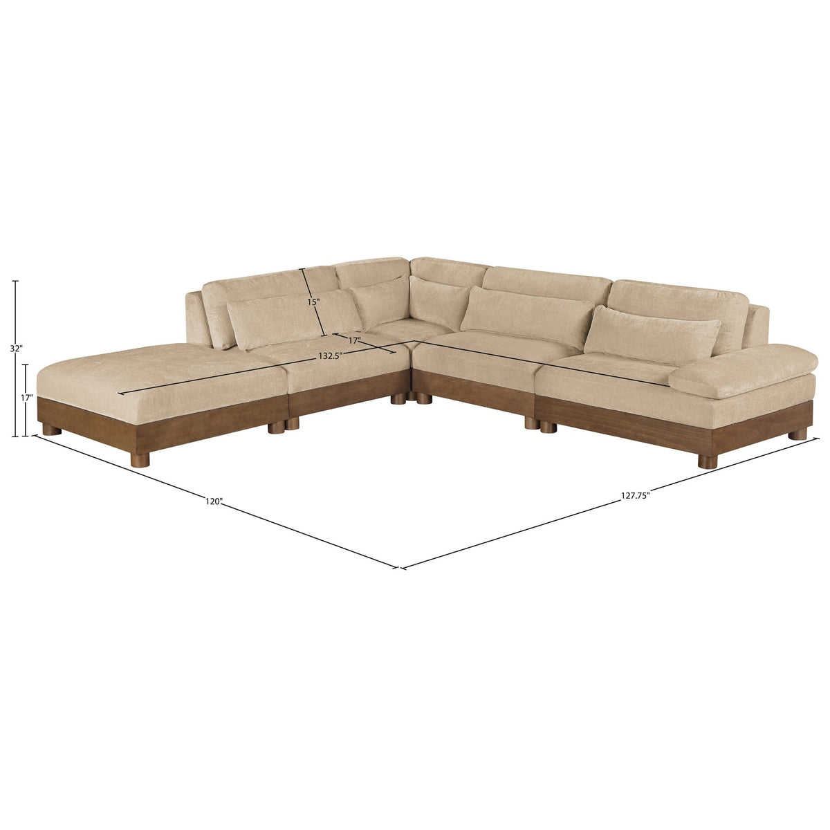 Turin 127.75in Beige Chenille Fabric Upholstered 5 Piece Modular Sectional Sofa