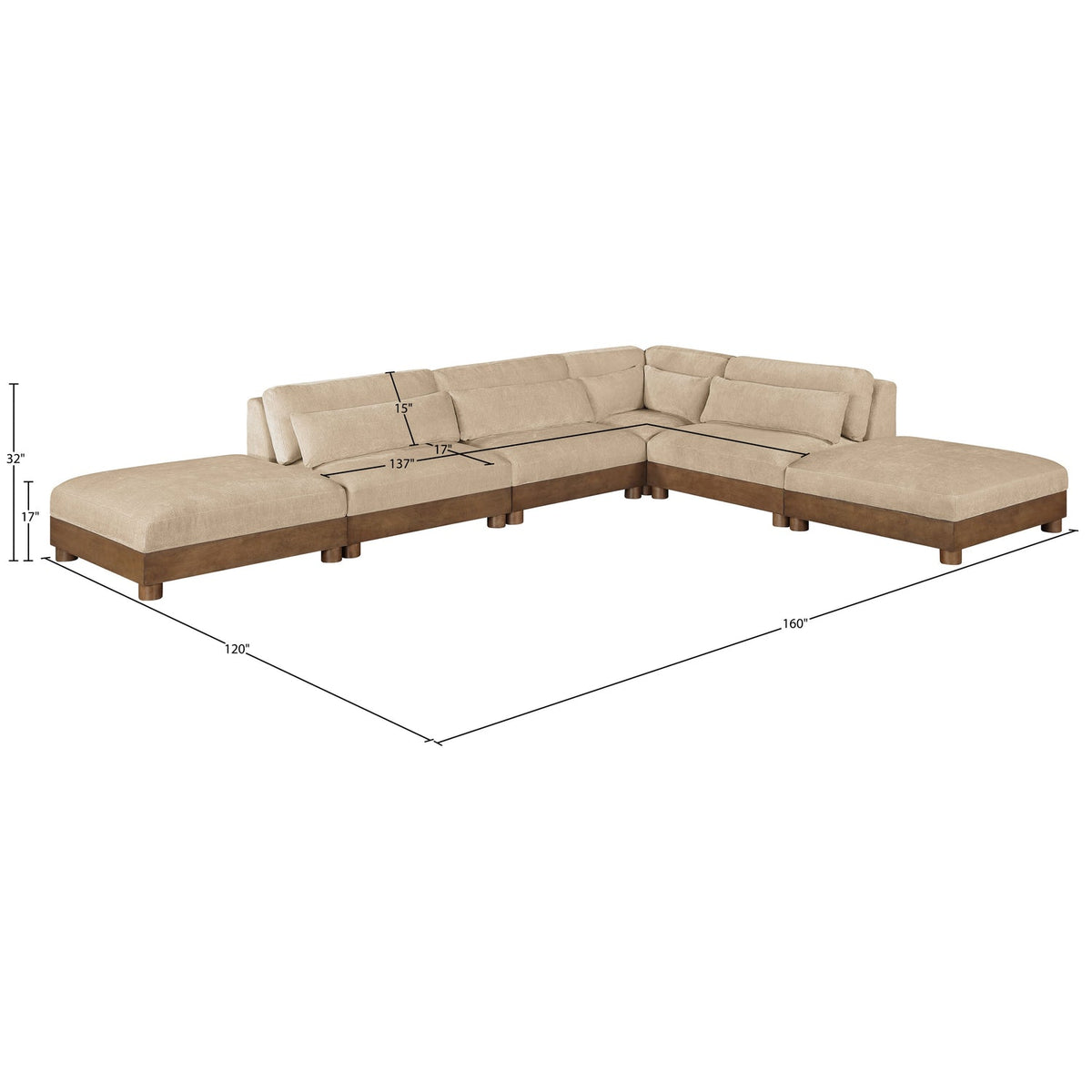 Turin 160in Beige Chenille Fabric Upholstered 6 Piece Modular Sectional Sofa