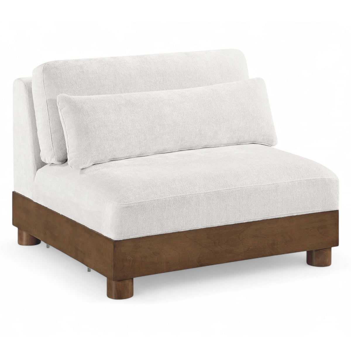 Turin Cream Chenille Fabric Upholstered Modular Armless Chair in cream chenille, walnut frame, primary product view