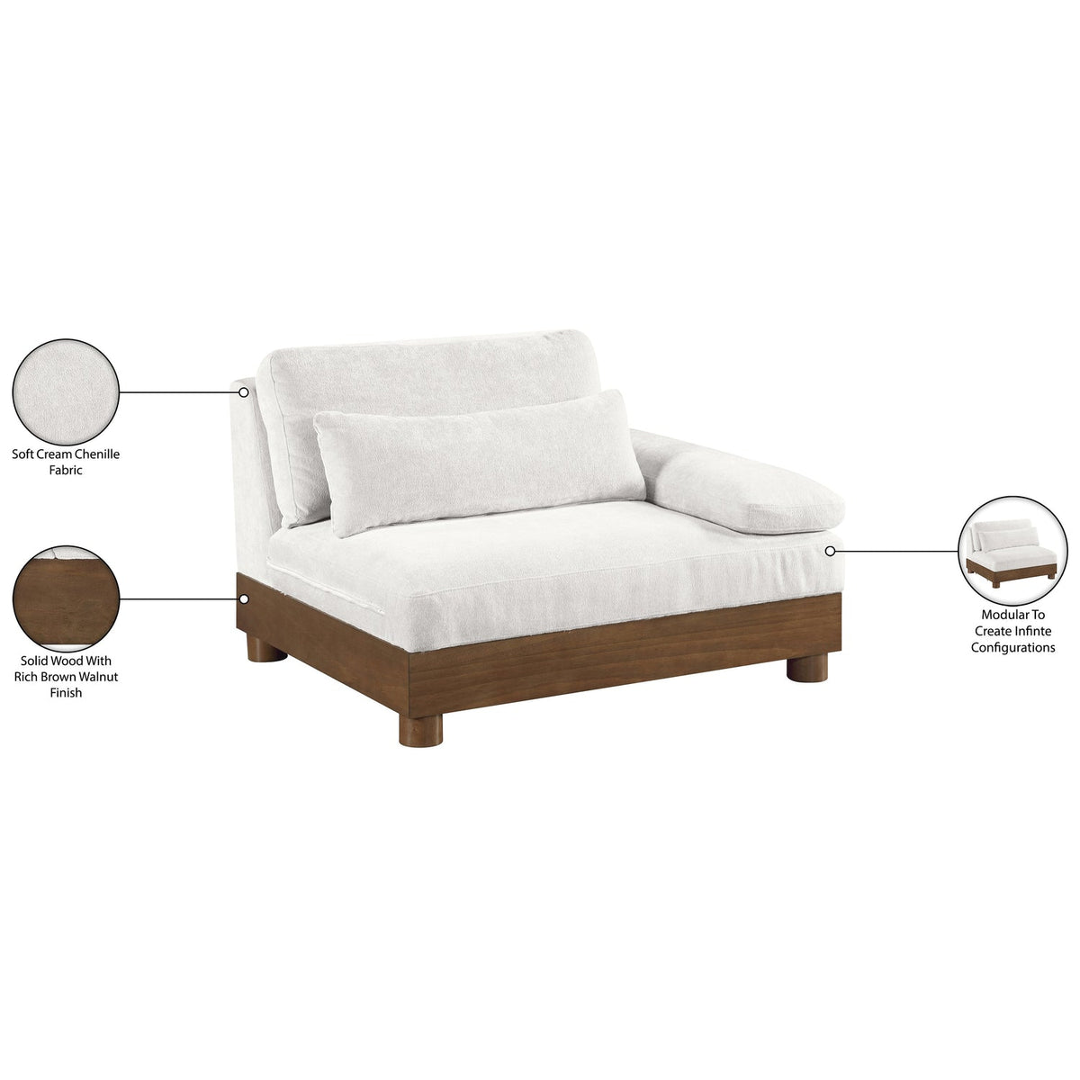 Turin Cream Chenille Fabric Upholstered Modular Right Arm Chair