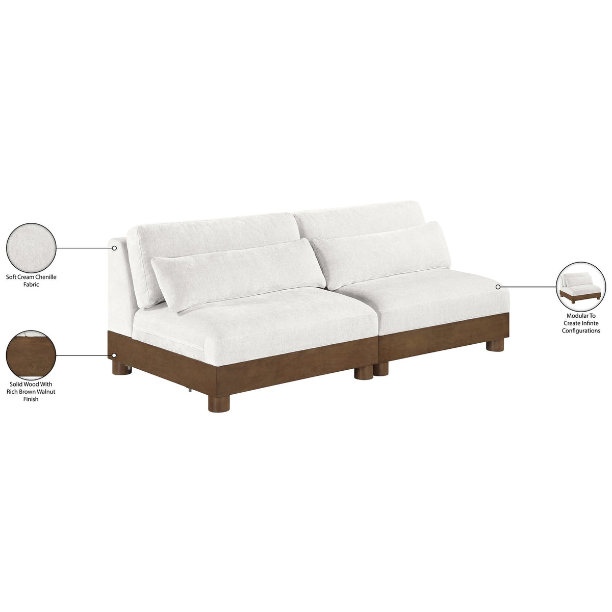Turin 80in Cream Chenille Fabric Upholstered 2 Piece Modular Sofa