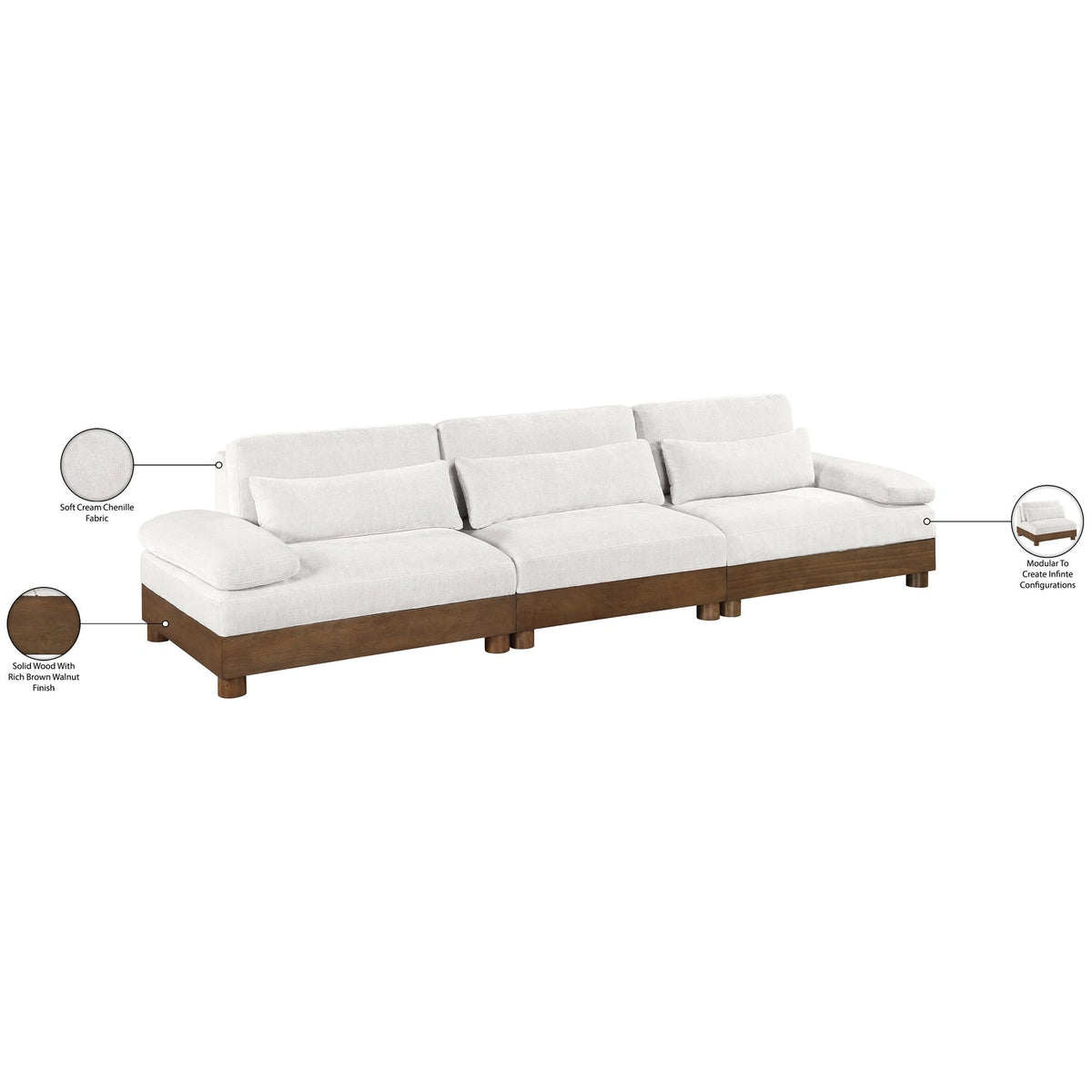 Turin 13 5 .5in Cream Chenille Fabric Upholstered 3 Piece. Modular Sofa