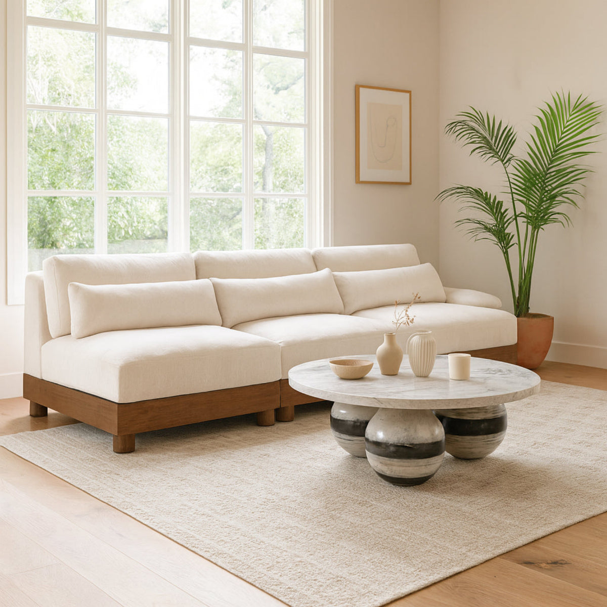 Turin 120in Cream Chenille Fabric Upholstered 3 Piece. Modular Sofa