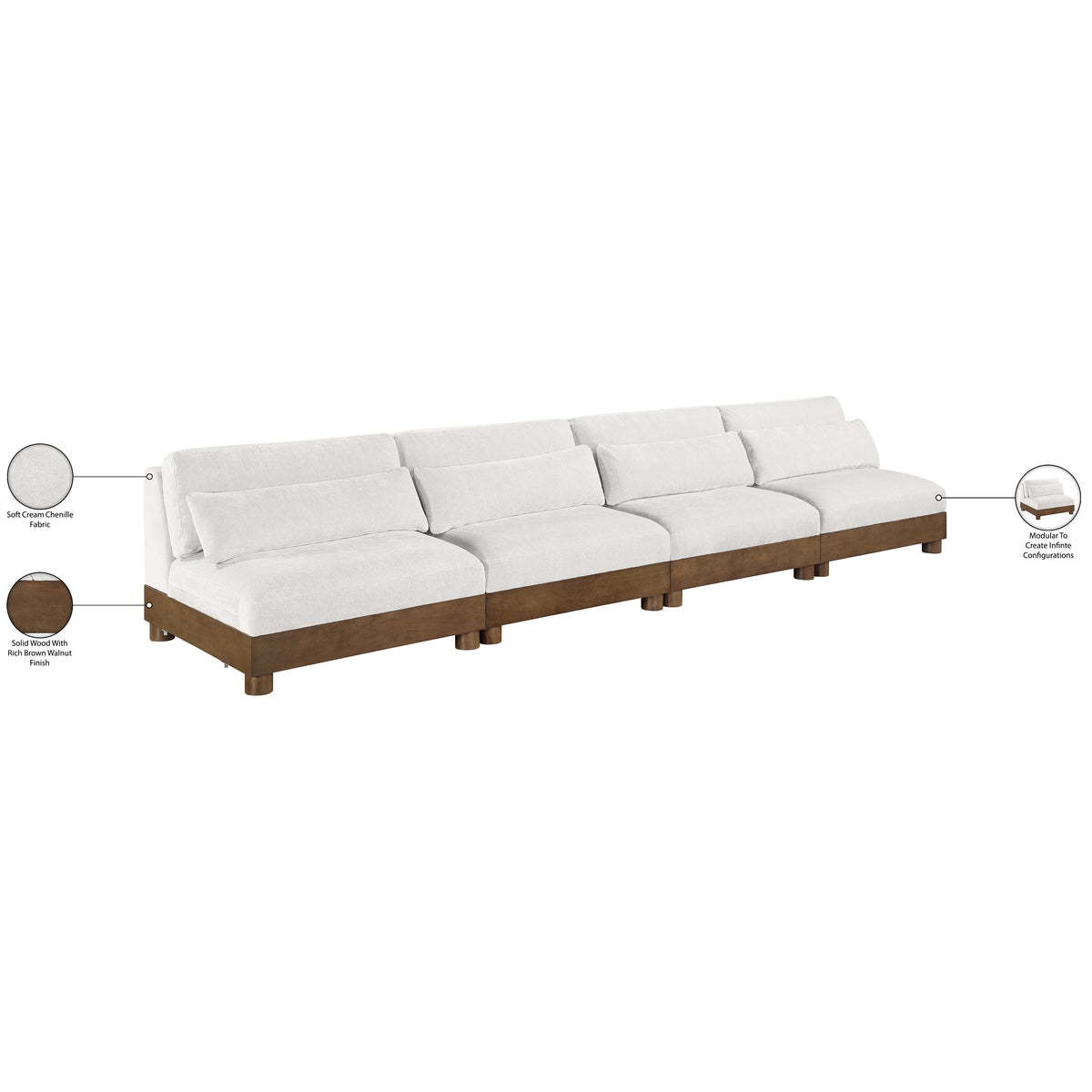 Turin 16 0in Cream Chenille Fabric Upholstered 4 Piece. Modular Sofa