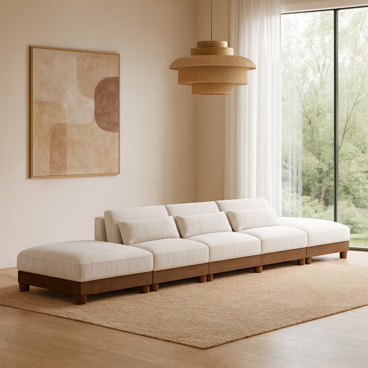 Turin 200in Cream Chenille Fabric Upholstered 5 Piece. Modular Sofa