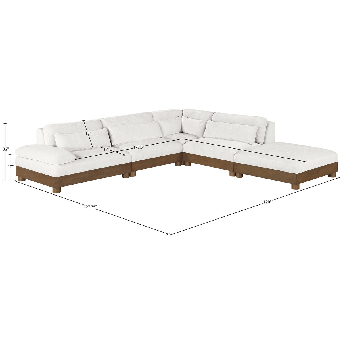 Turin 120in Cream Chenille Fabric Upholstered 5 Piece Modular Sectional Sofa