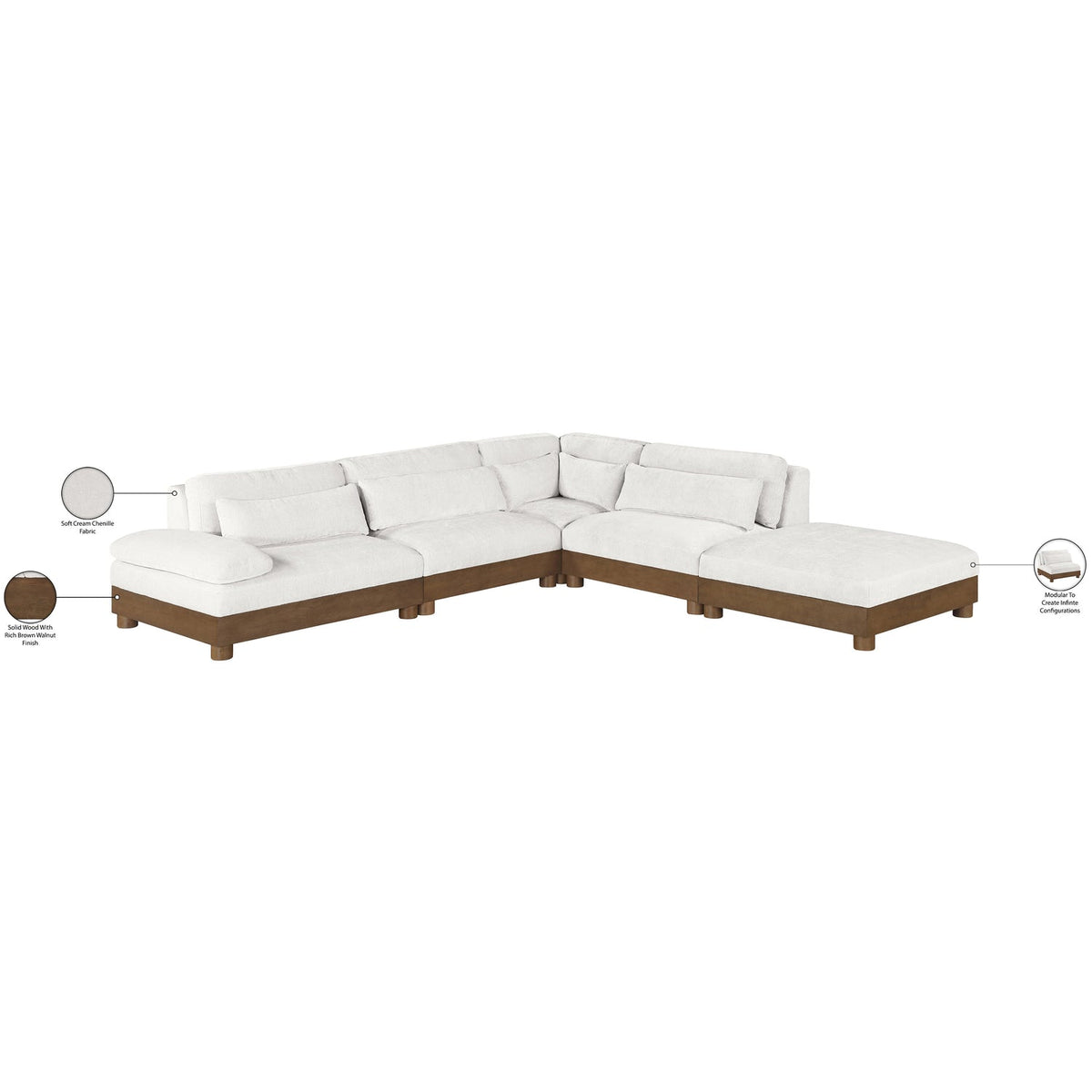 Turin 120in Cream Chenille Fabric Upholstered 5 Piece Modular Sectional Sofa