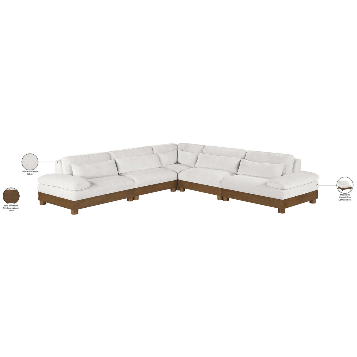 Turin 127.75in Cream Chenille Fabric Upholstered 5 Piece Modular Sectional Sofa