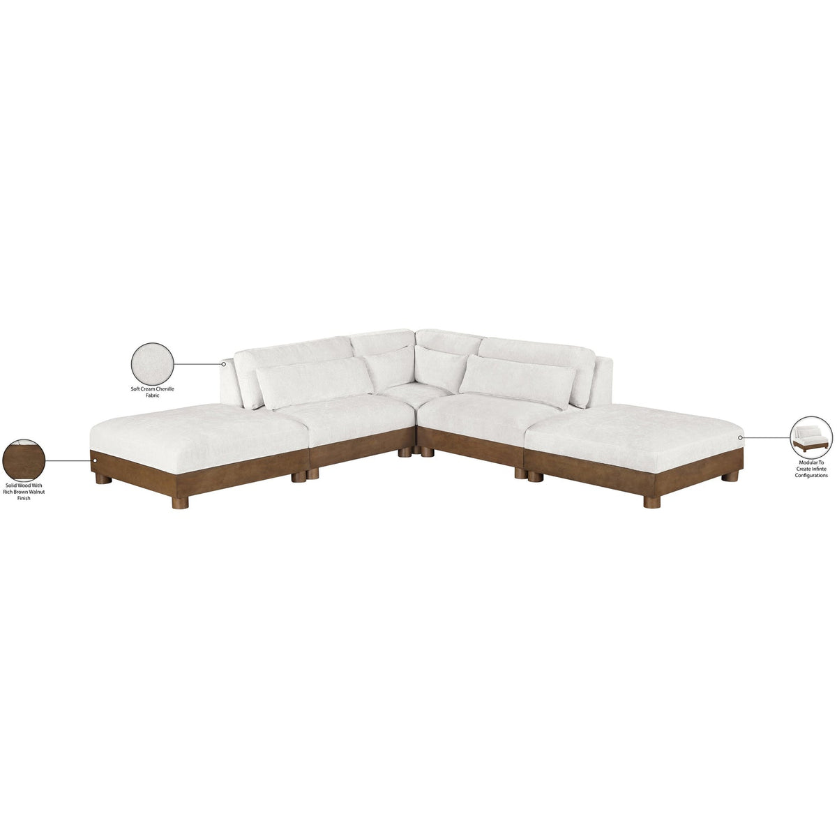 Turin 120in Cream Chenille Fabric Upholstered 5 Piece Modular Sectional Sofa