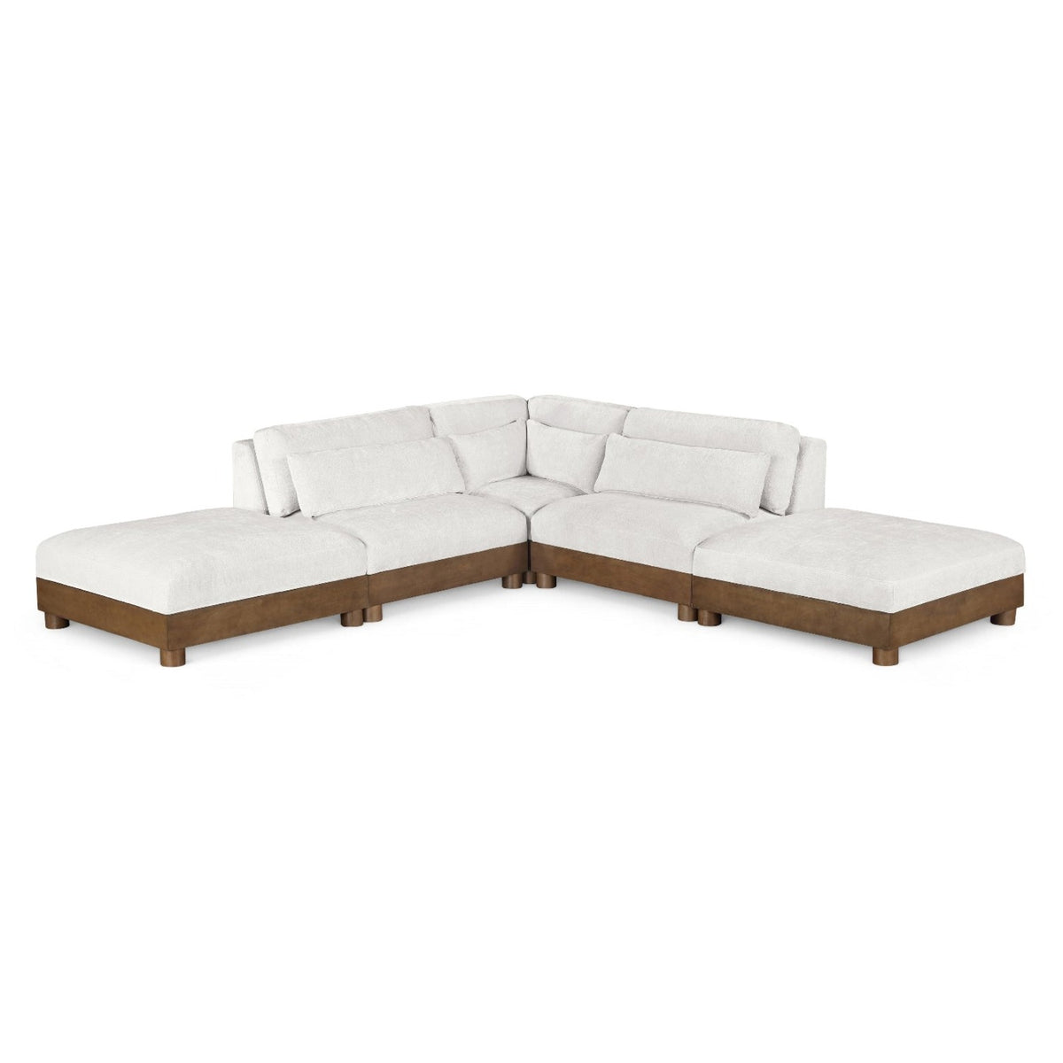 Turin 120" Cream Chenille Fabric Upholstered 5pc. Modular Sectional in cream chenille, brown walnut, primary product view