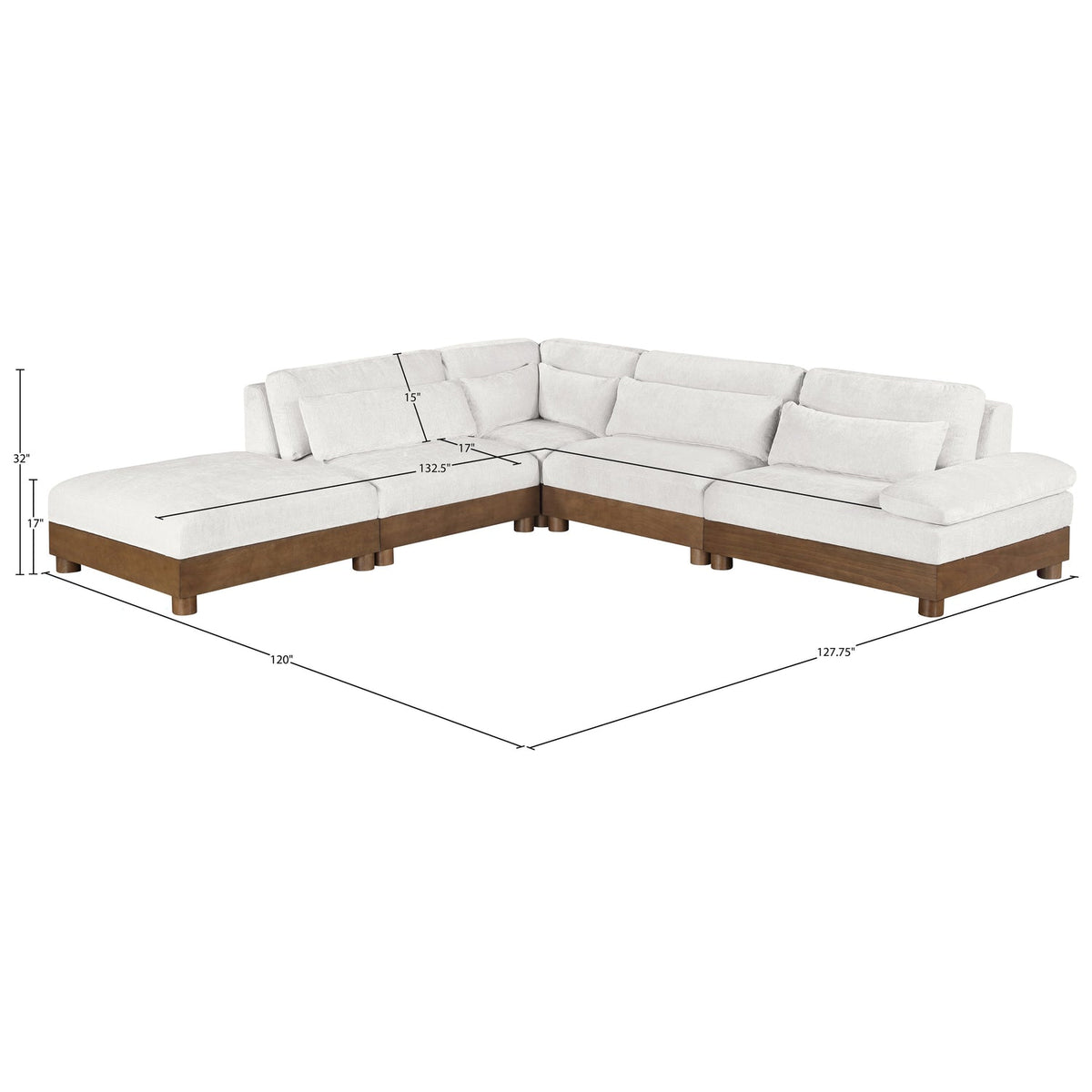 Turin 127.75in Cream Chenille Fabric Upholstered 5 Piece Modular Sectional Sofa