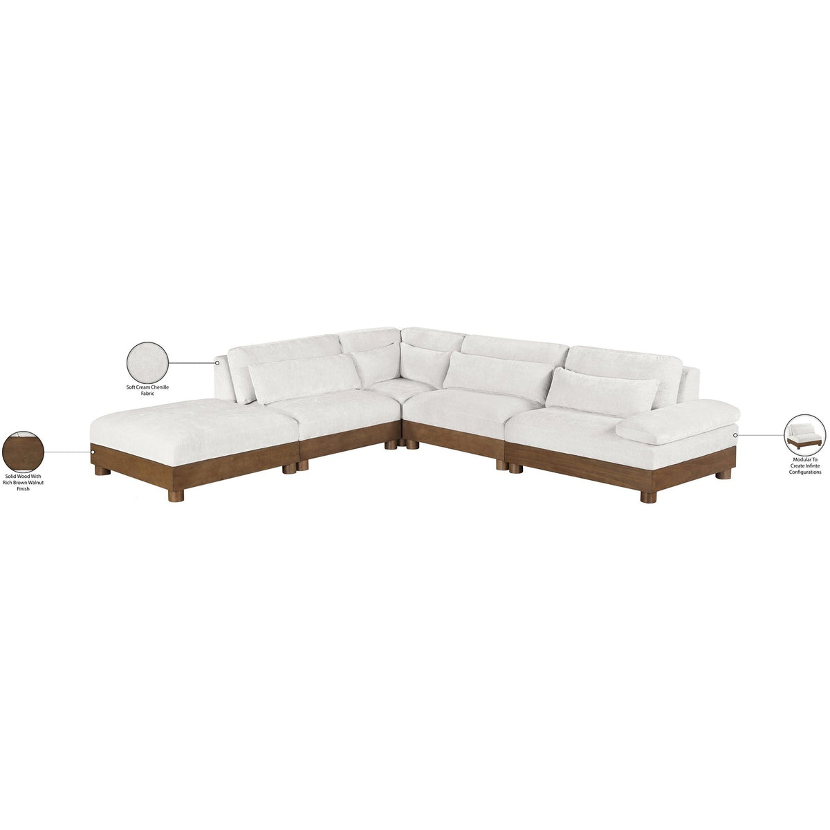 Turin 127.75in Cream Chenille Fabric Upholstered 5 Piece Modular Sectional Sofa