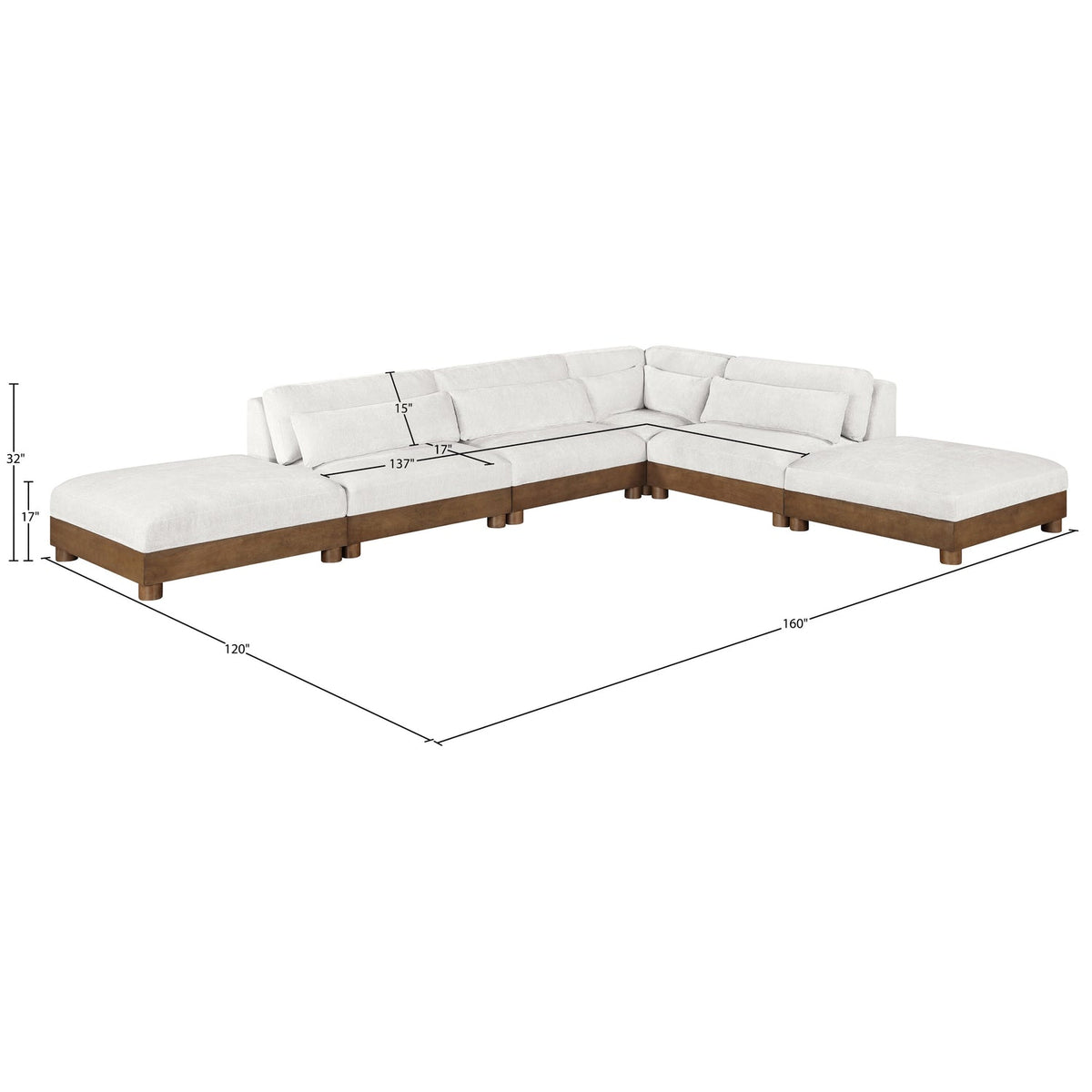 Turin 160in Cream Chenille Fabric Upholstered 6 Piece Modular Sectional Sofa