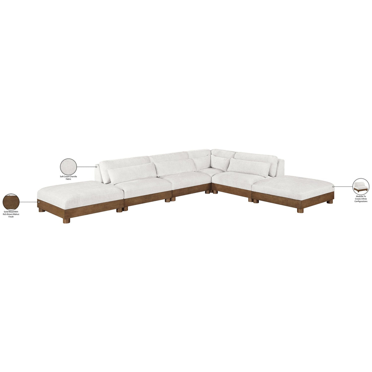 Turin 160in Cream Chenille Fabric Upholstered 6 Piece Modular Sectional Sofa