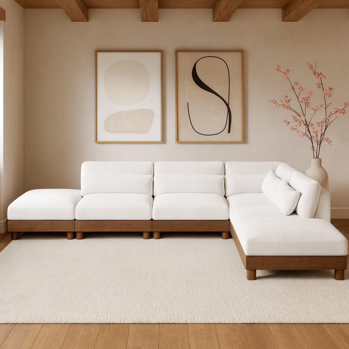 Turin 160in Cream Chenille Fabric Upholstered 6 Piece Modular Sectional Sofa