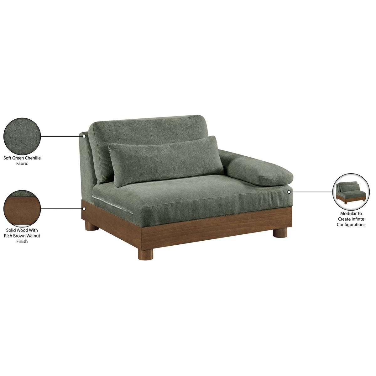 Turin Green Chenille Fabric Upholstered Modular Right Arm Chair