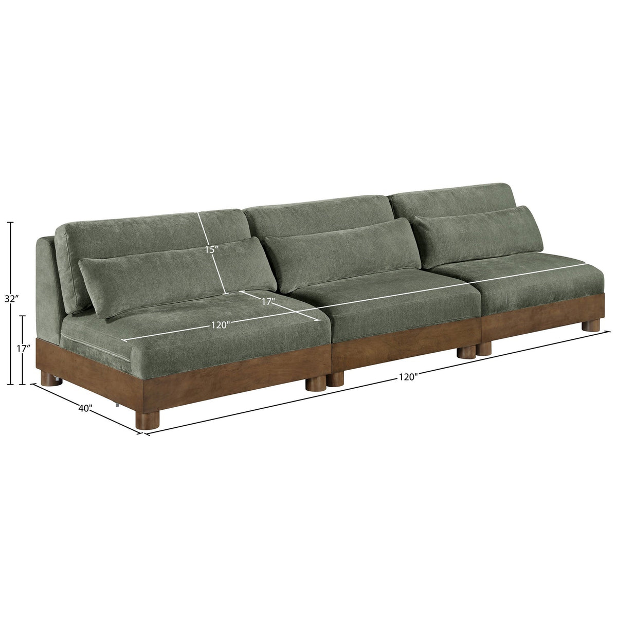 Turin 120in Green Chenille Fabric Upholstered 3 Piece. Modular Sofa