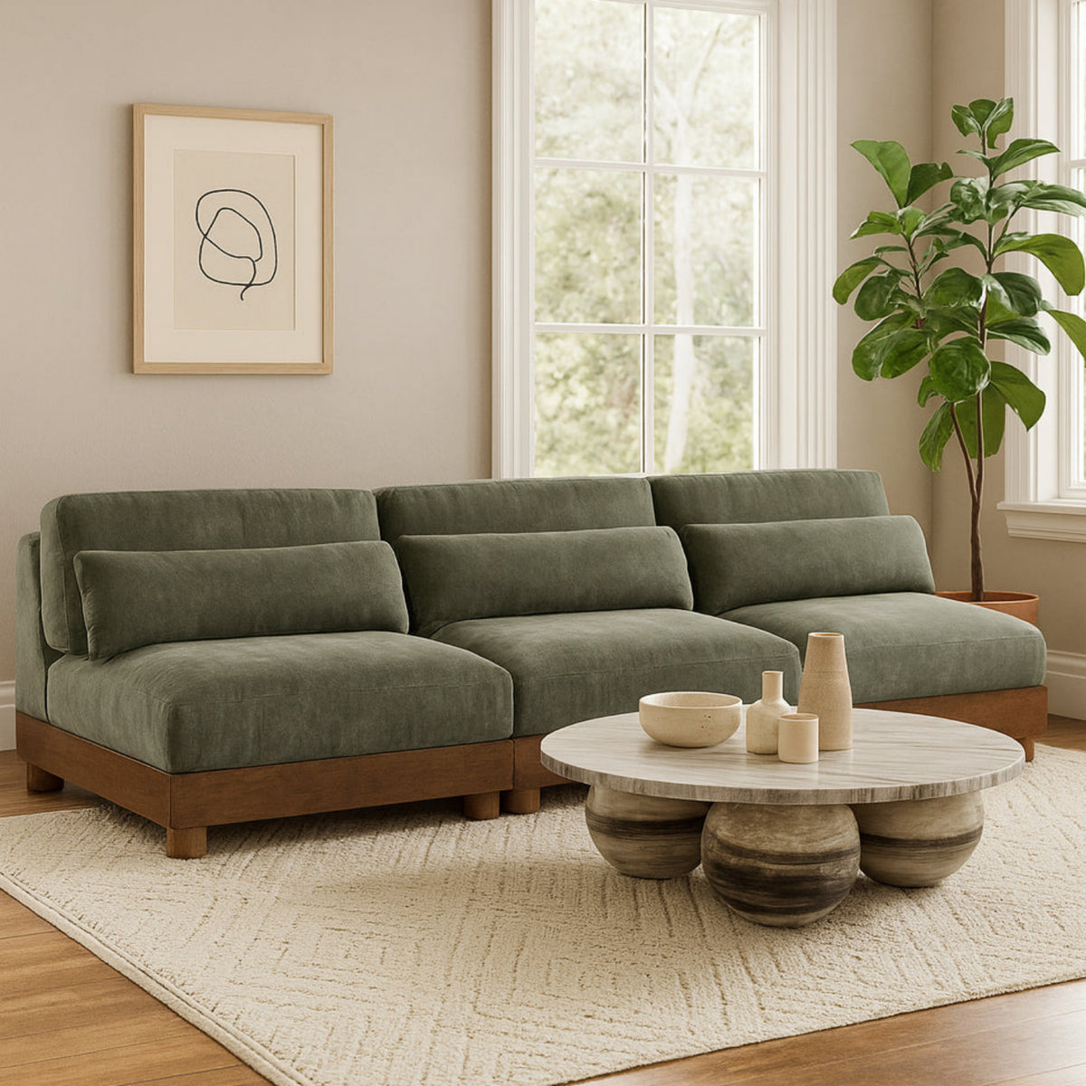 Turin 120in Green Chenille Fabric Upholstered 3 Piece. Modular Sofa