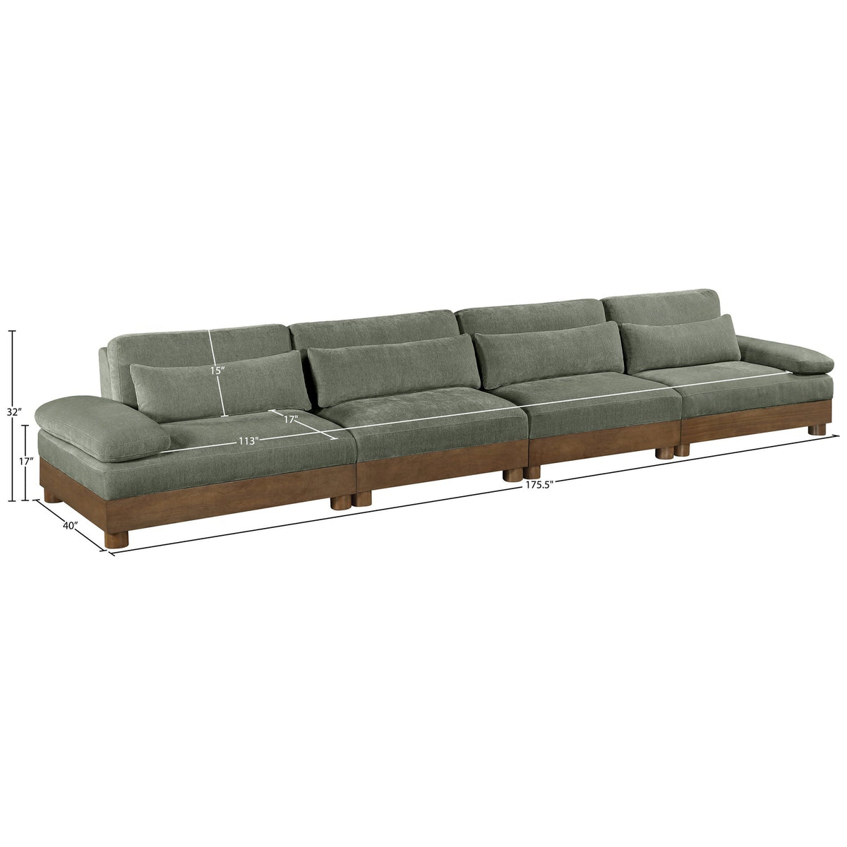 Turin 175.5in Green Chenille Fabric Upholstered 4 Piece Modular Sofa