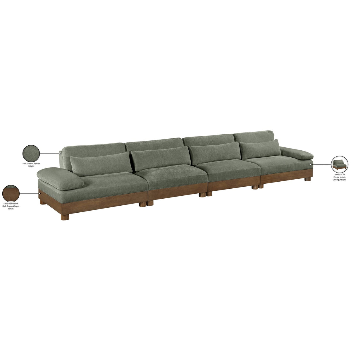 Turin 175.5in Green Chenille Fabric Upholstered 4 Piece Modular Sofa