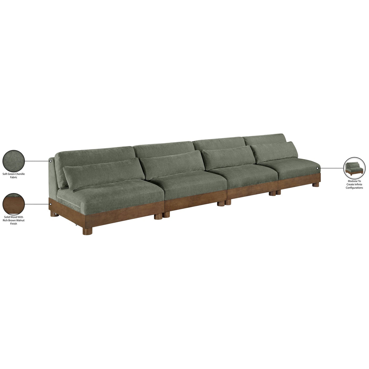 Turin 16 0in Green Chenille Fabric Upholstered 4 Piece. Modular Sofa