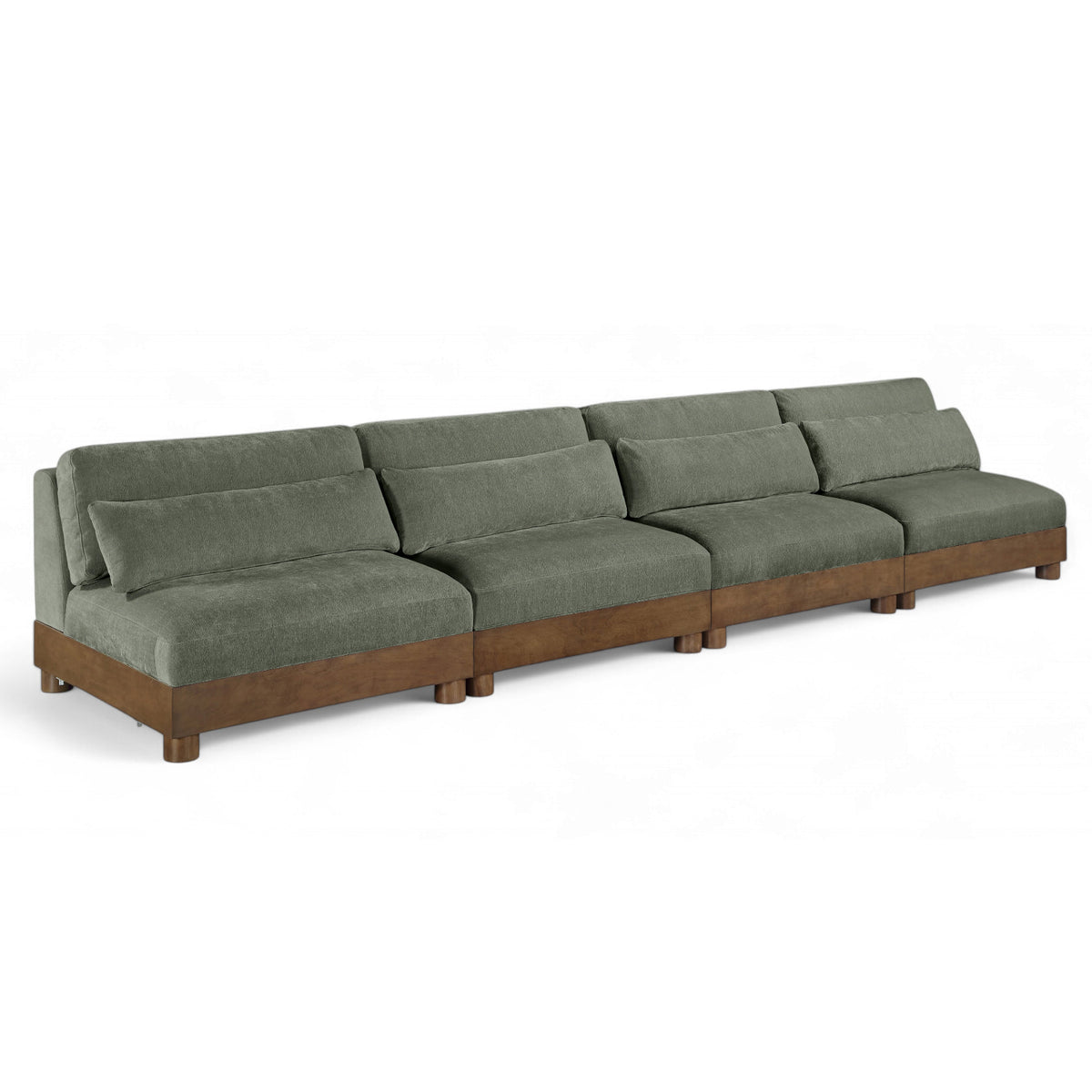 Turin 160" Green Chenille Fabric Upholstered 4pc. Modular Sofa in green chenille, brown walnut, primary product view
