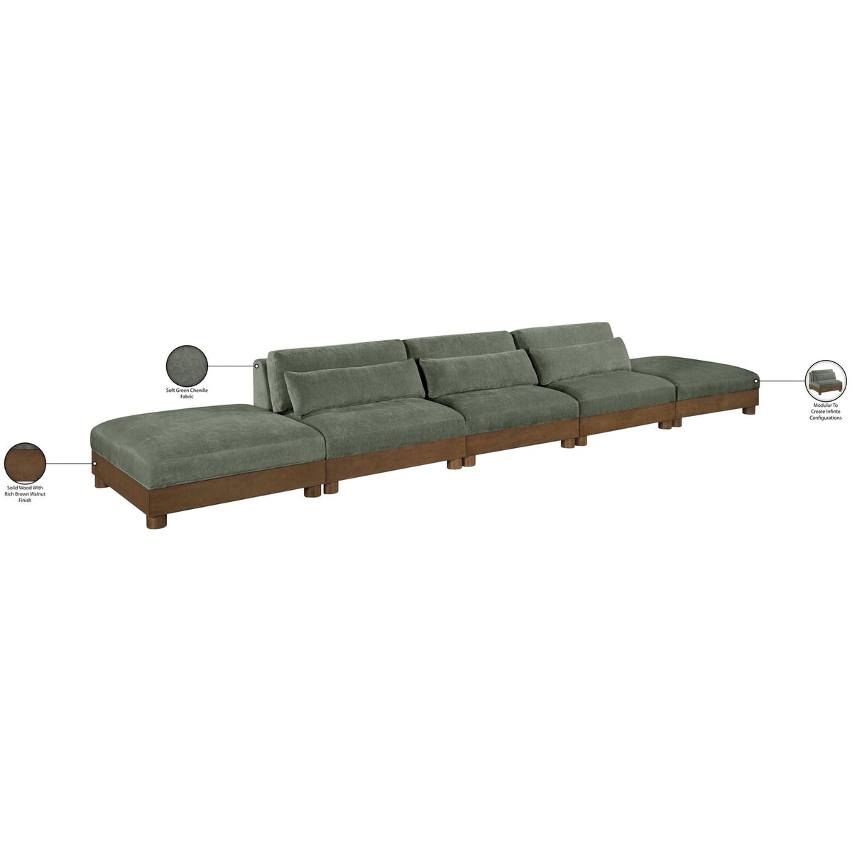 Turin 200in Green Chenille Fabric Upholstered 5 Piece Modular Sofa