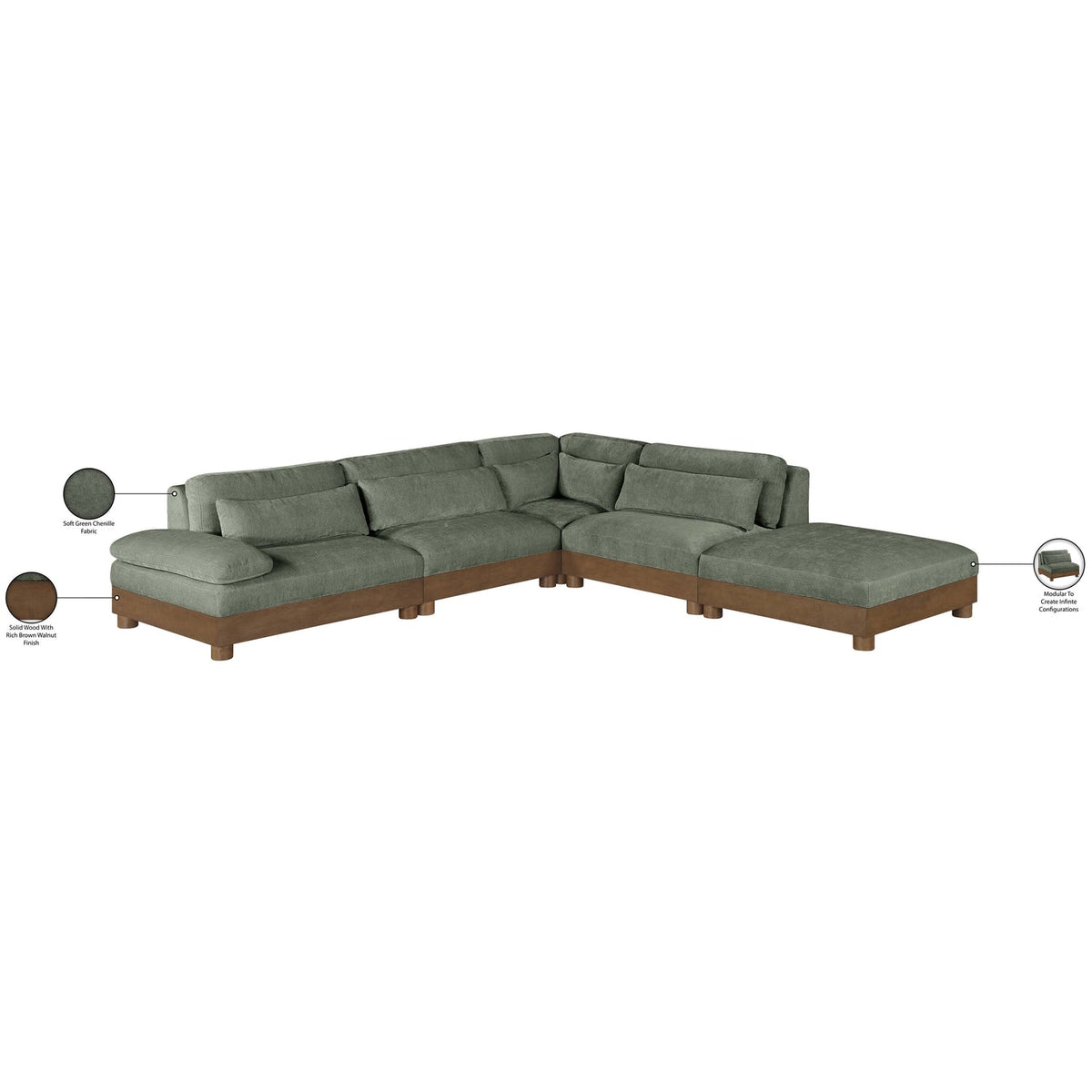 Turin 120in Green Chenille Fabric Upholstered 5 Piece Modular Sectional Sofa