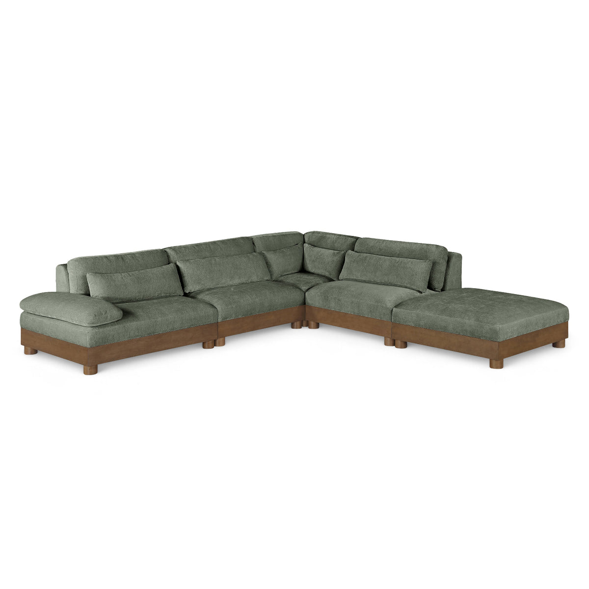 Turin 120" Green Chenille Fabric Upholstered 5pc. Modular Sectional in green chenille, brown walnut, front product view