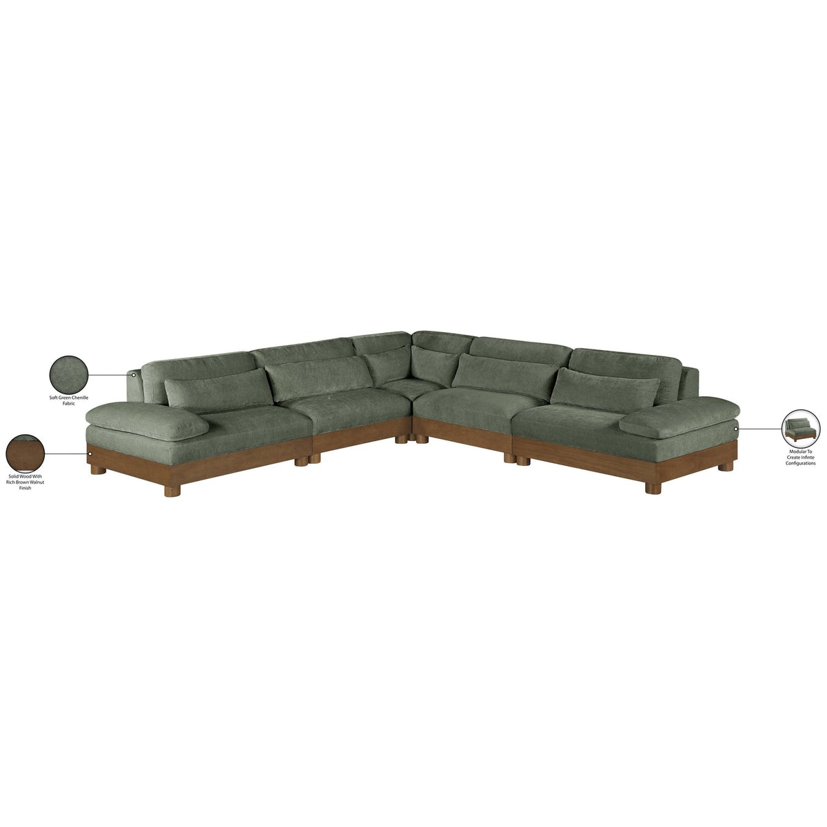 Turin 127.75in Green Chenille Fabric Upholstered 5 Piece Modular Sectional Sofa