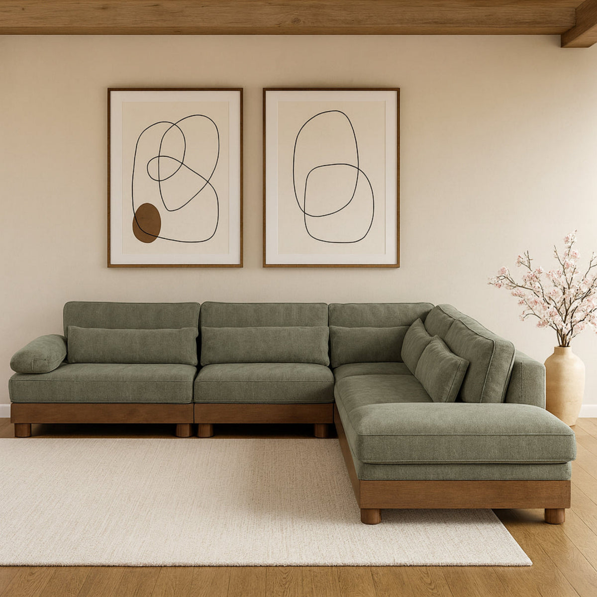Turin 127.75in Green Chenille Fabric Upholstered 5 Piece Modular Sectional Sofa