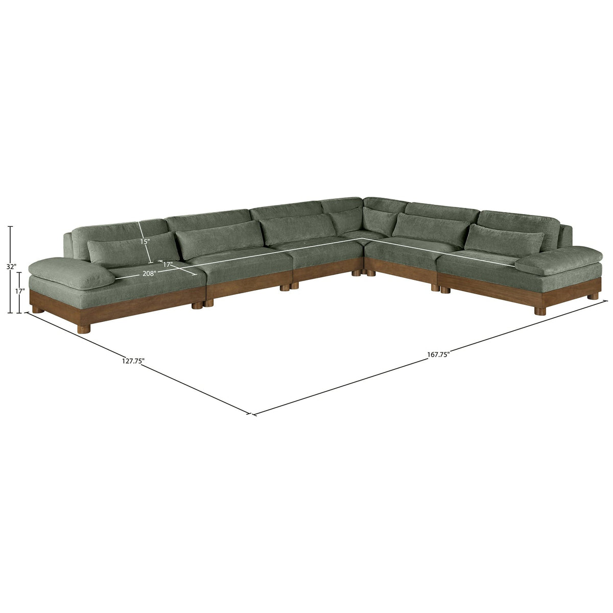Turin 167.75in Green Chenille Fabric Upholstered 6 Piece Modular Sectional Sofa