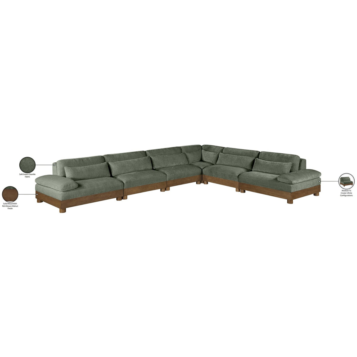 Turin 167.75in Green Chenille Fabric Upholstered 6 Piece Modular Sectional Sofa