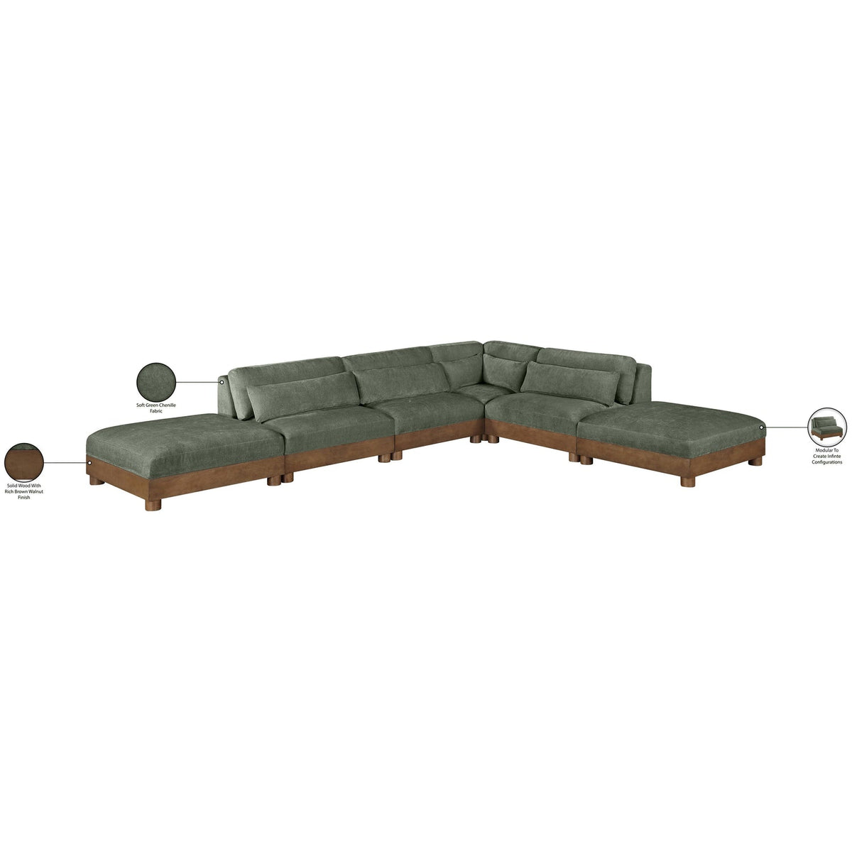Turin 160in Green Chenille Fabric Upholstered 6 Piece Modular Sectional Sofa
