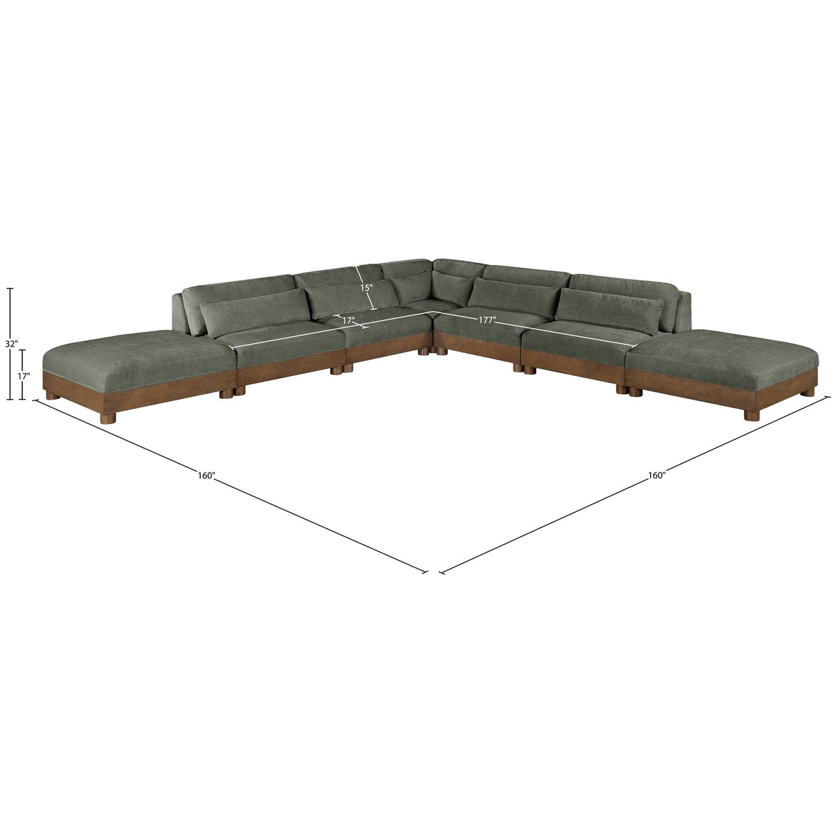 Turin 160in Green Chenille Fabric Upholstered 7 Piece Modular Sectional Sofa