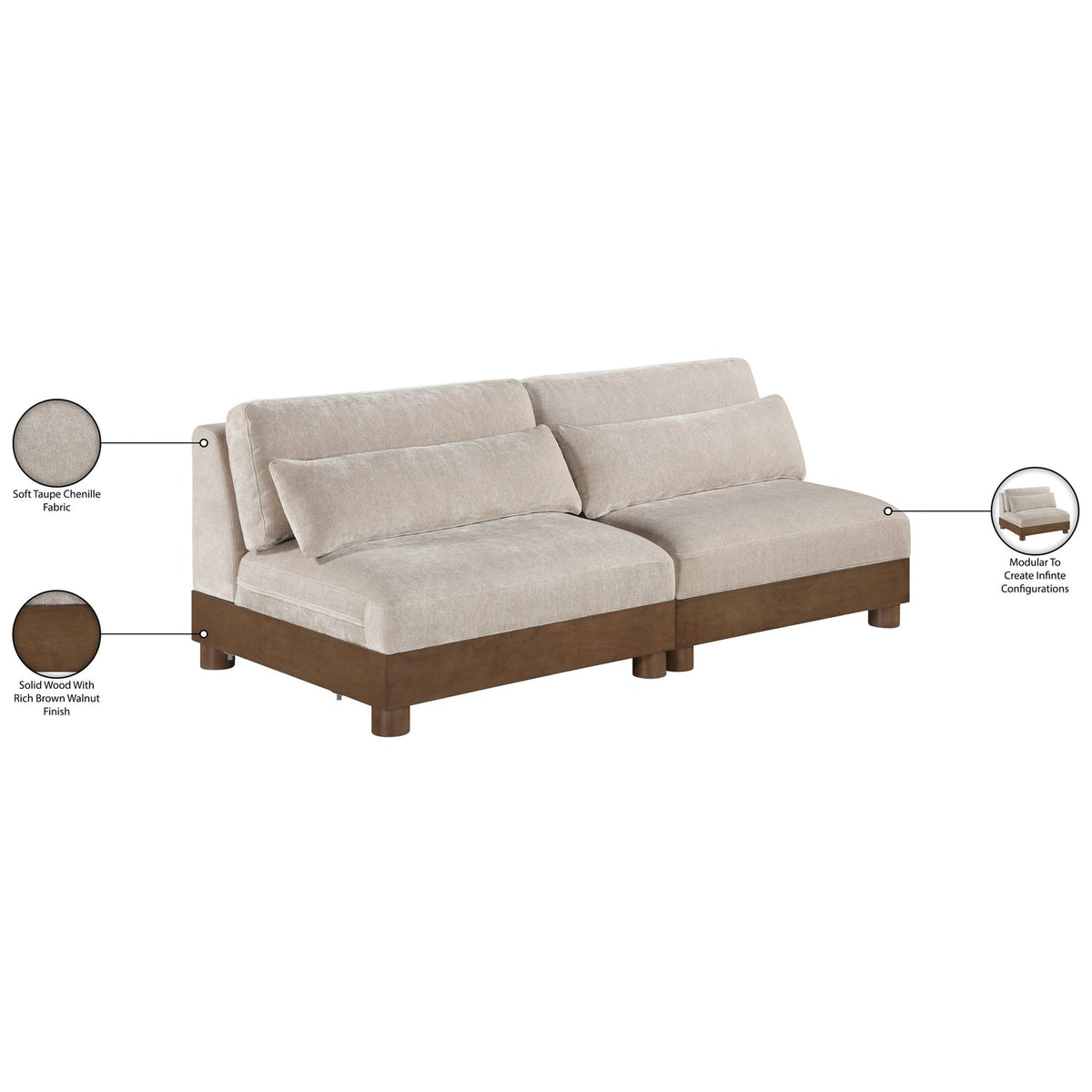 Turin 80in Taupe Chenille Fabric Upholstered 2 Piece Modular Sofa