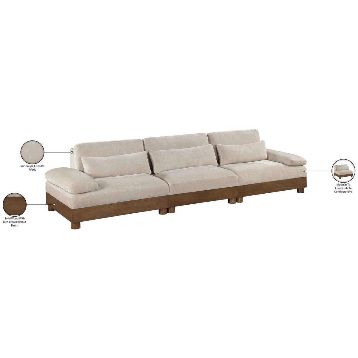 Turin 13 5 .5in Taupe Chenille Fabric Upholstered 3 Piece. Modular Sofa