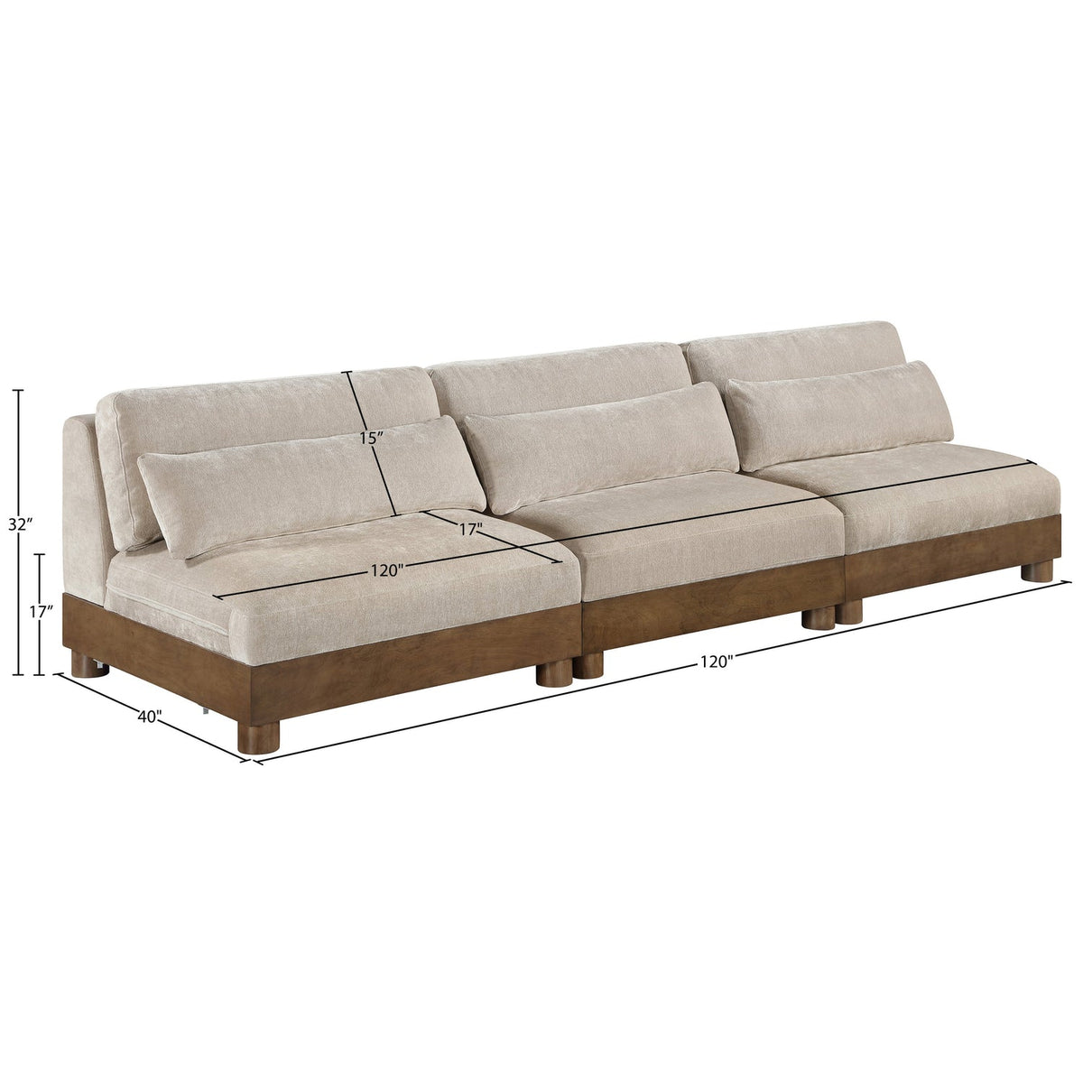 Turin 120in Taupe Chenille Fabric Upholstered 3 Piece. Modular Sofa