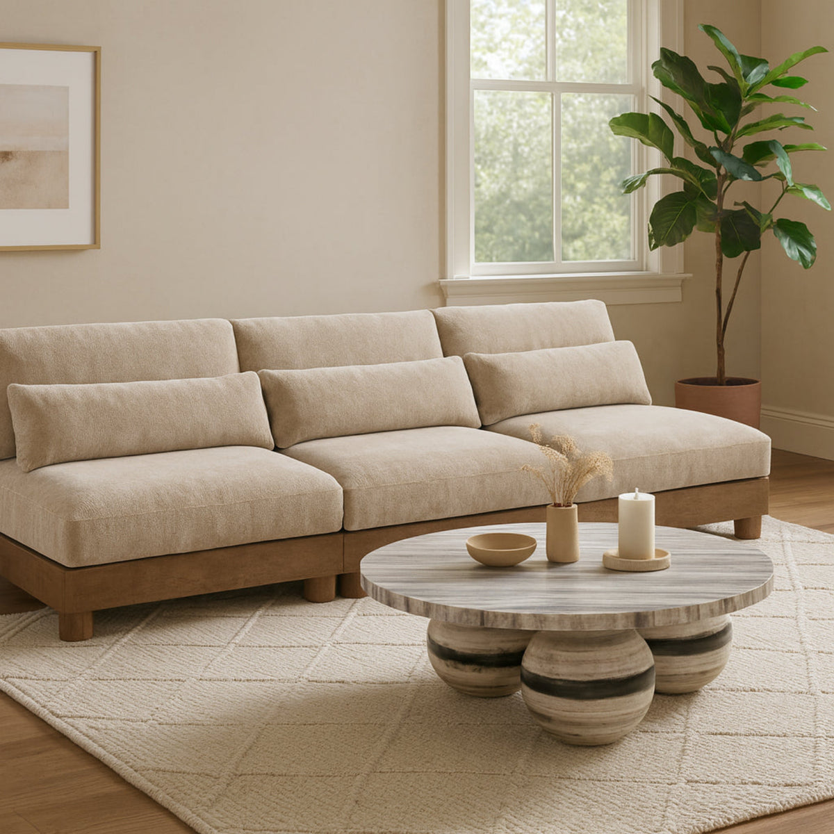 Turin 120in Taupe Chenille Fabric Upholstered 3 Piece. Modular Sofa