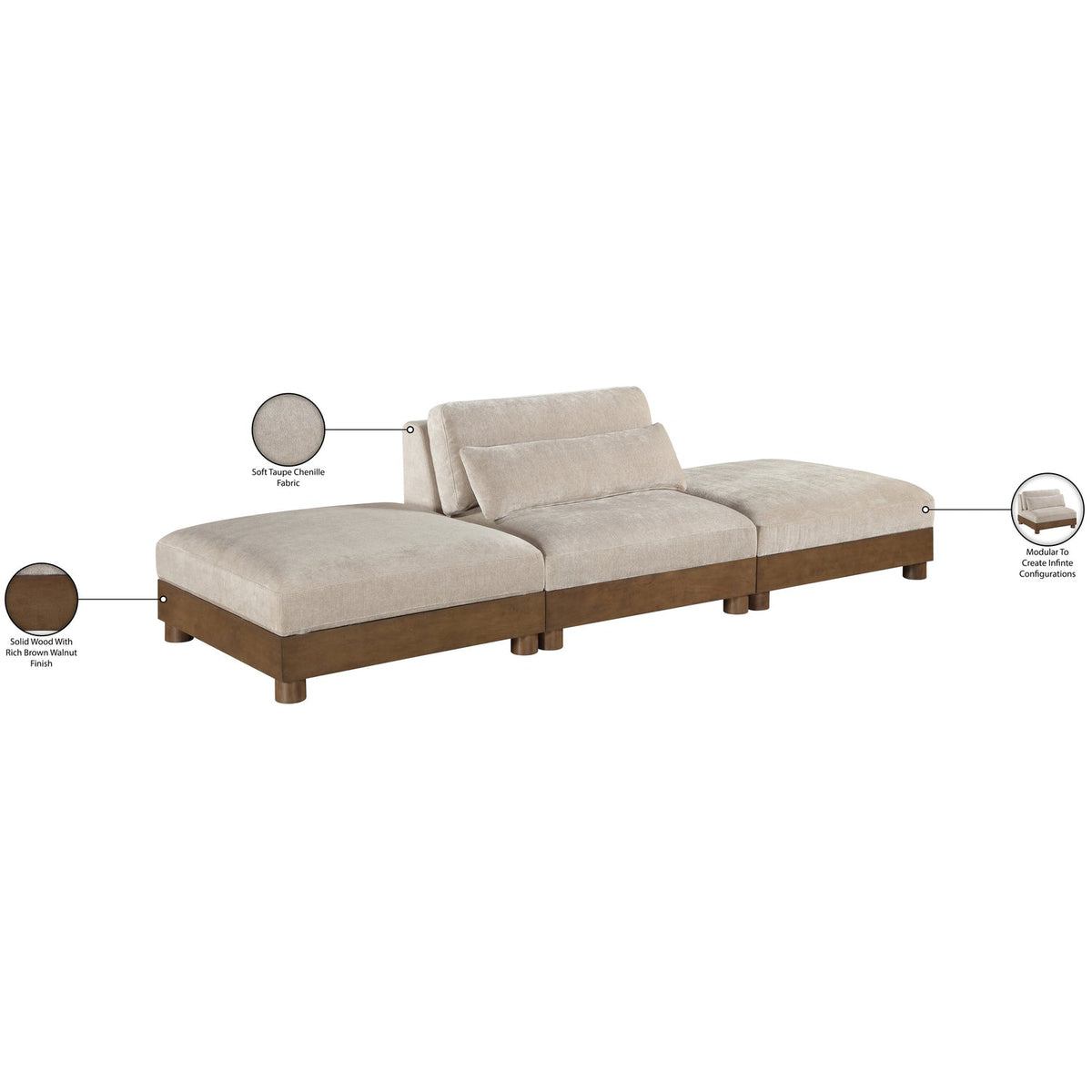 Turin 120in Taupe Chenille Fabric Upholstered 3 Piece. Modular Sofa