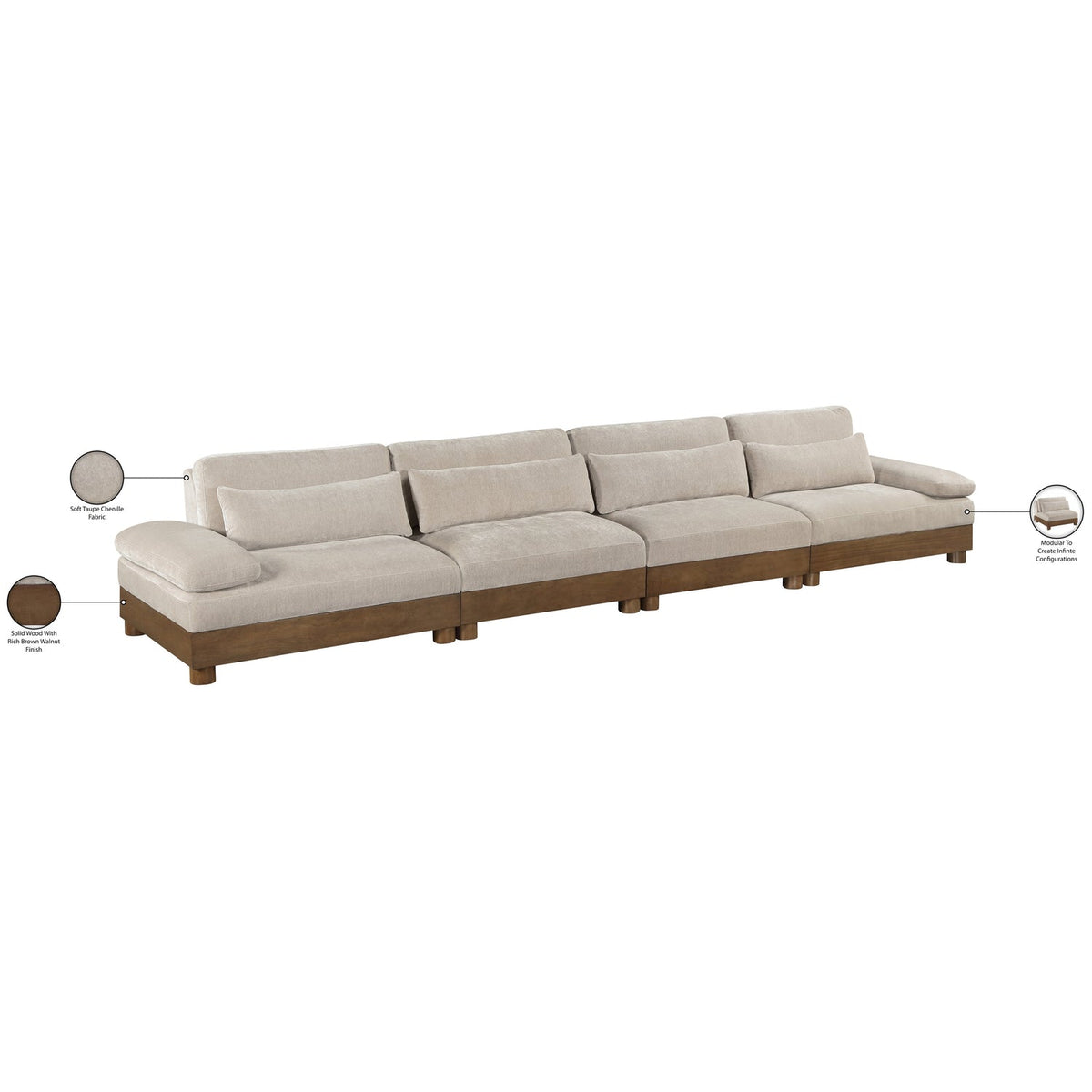 Turin 175.5in Taupe Chenille Fabric Upholstered 4 Piece Modular Sofa