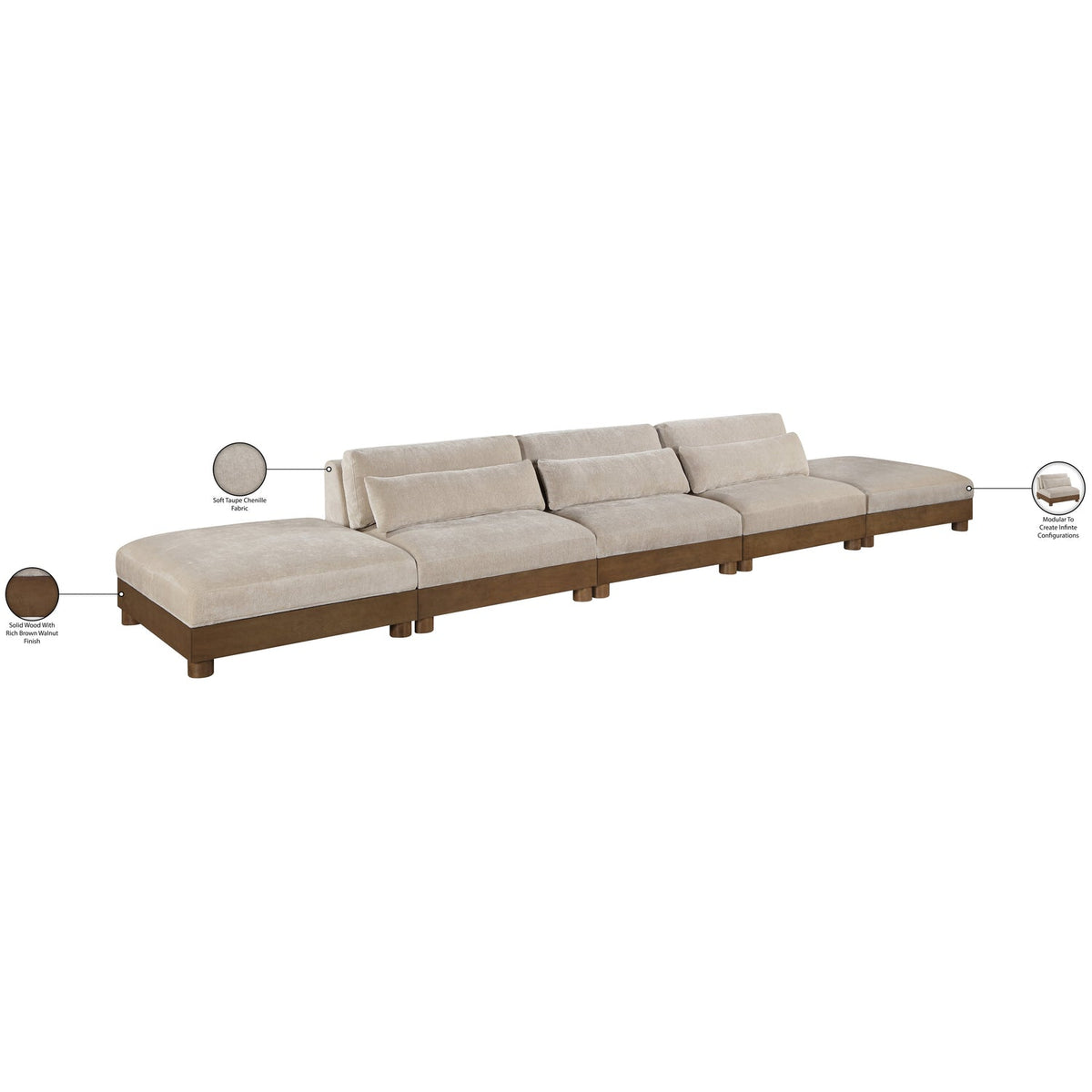 Turin 200in Taupe Chenille Fabric Upholstered 5 Piece Modular Sofa