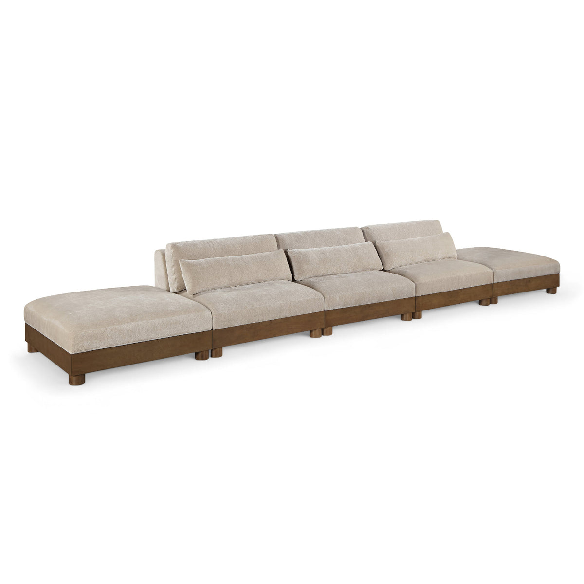 Turin 200" Taupe Chenille Fabric Upholstered 5pc. Modular Sofa in taupe chenille with walnut finish, primary product view