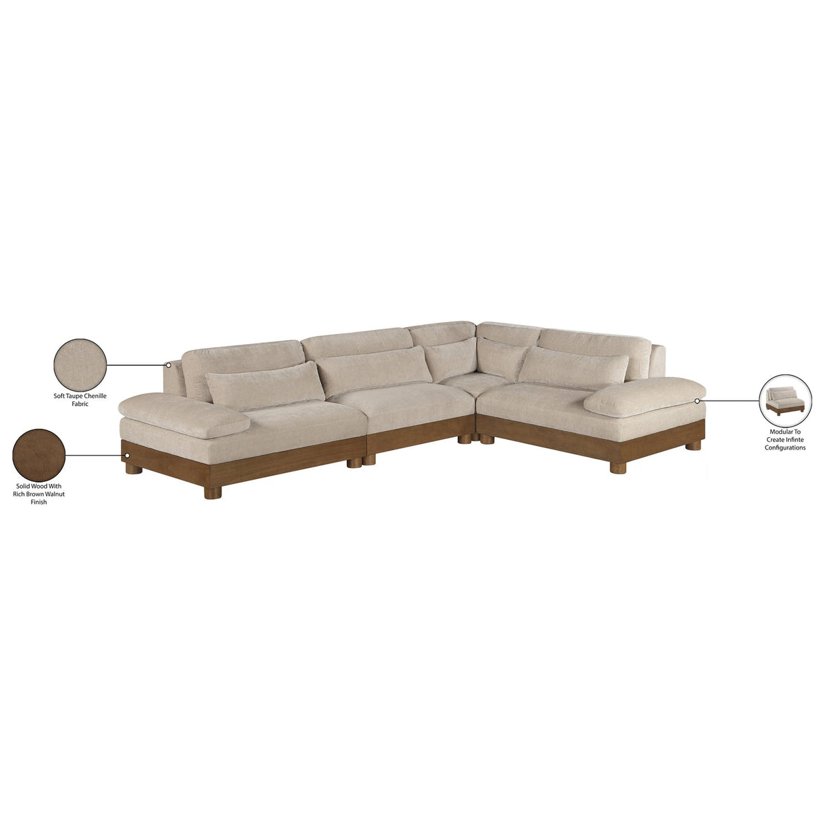 Turin 127.75in Taupe Chenille Fabric Upholstered 4 Piece Modular Sectional Sofa